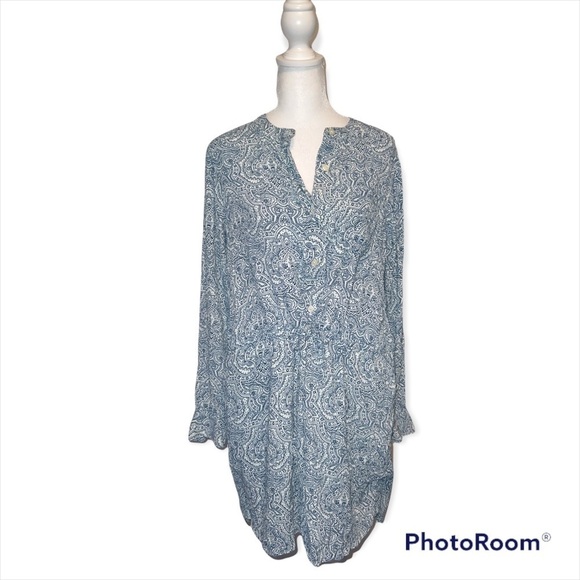 Gap Blue & White Tribal Paisley Long Sleeve Midi Dress Size Medium - Picture 1 of 4